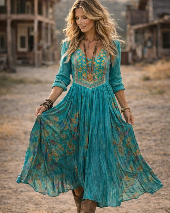 Elysia | Damen Besticktes V-Ausschnitt Langarm Maxikleid - Teal - Image 4