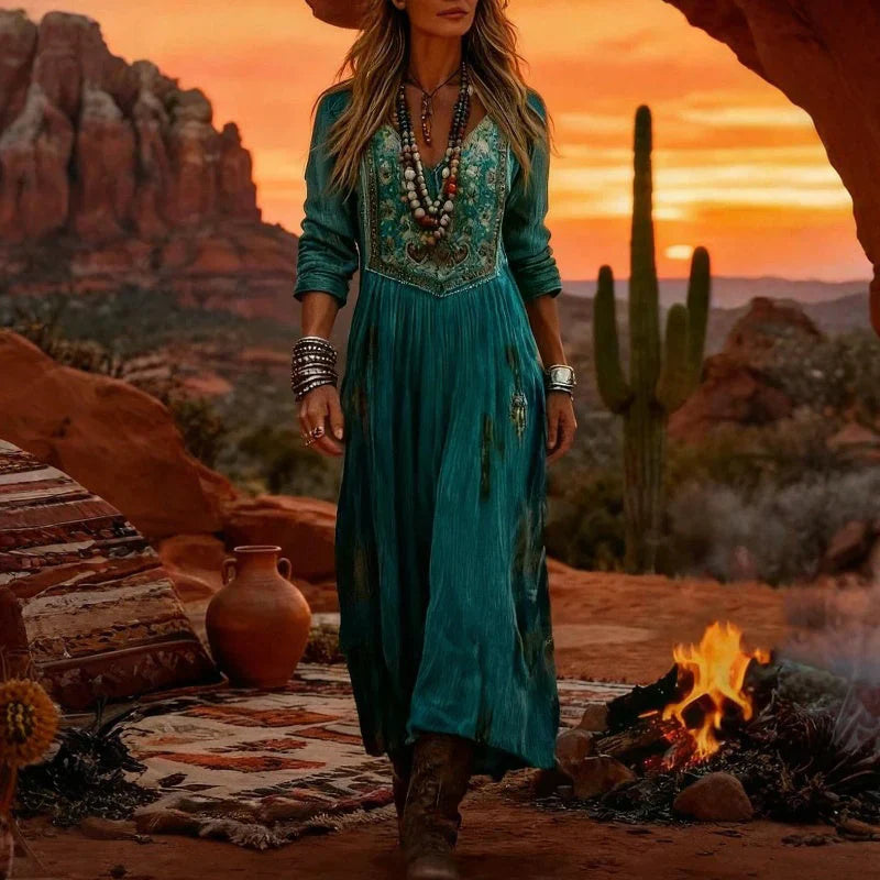Elysia | Damen Besticktes V-Ausschnitt Langarm Maxikleid - Teal - Image 5
