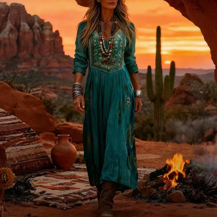 Elysia | Damen Besticktes V-Ausschnitt Langarm Maxikleid - Teal - Image 5