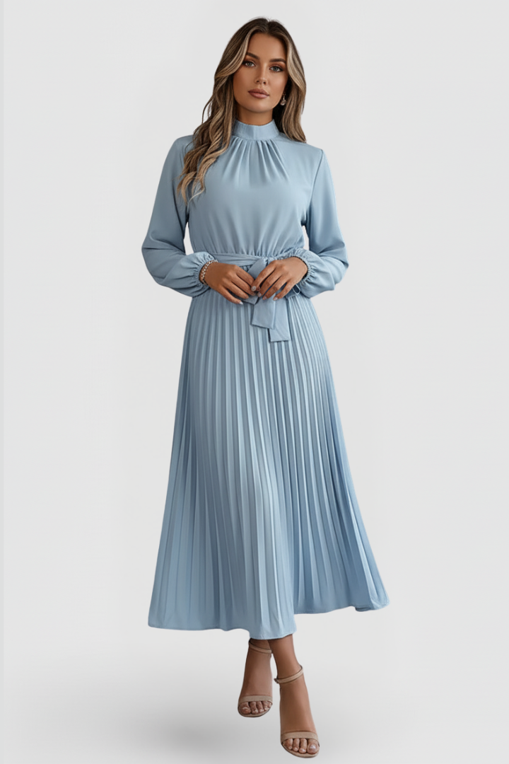 Emilia | Damen Plissee Midikleid Langarm - Light Blue - Image 2