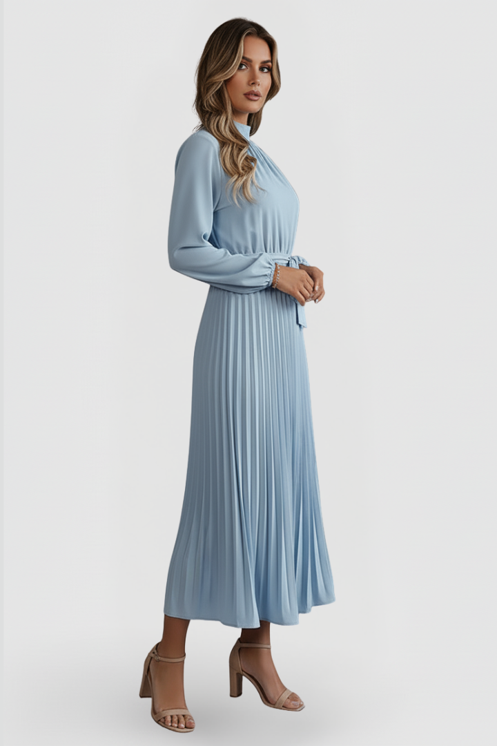 Emilia | Damen Plissee Midikleid Langarm - Light Blue - Image 3