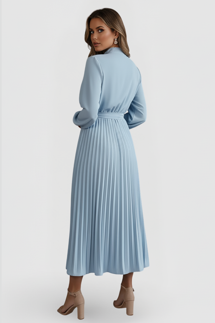 Emilia | Damen Plissee Midikleid Langarm - Light Blue - Image 4