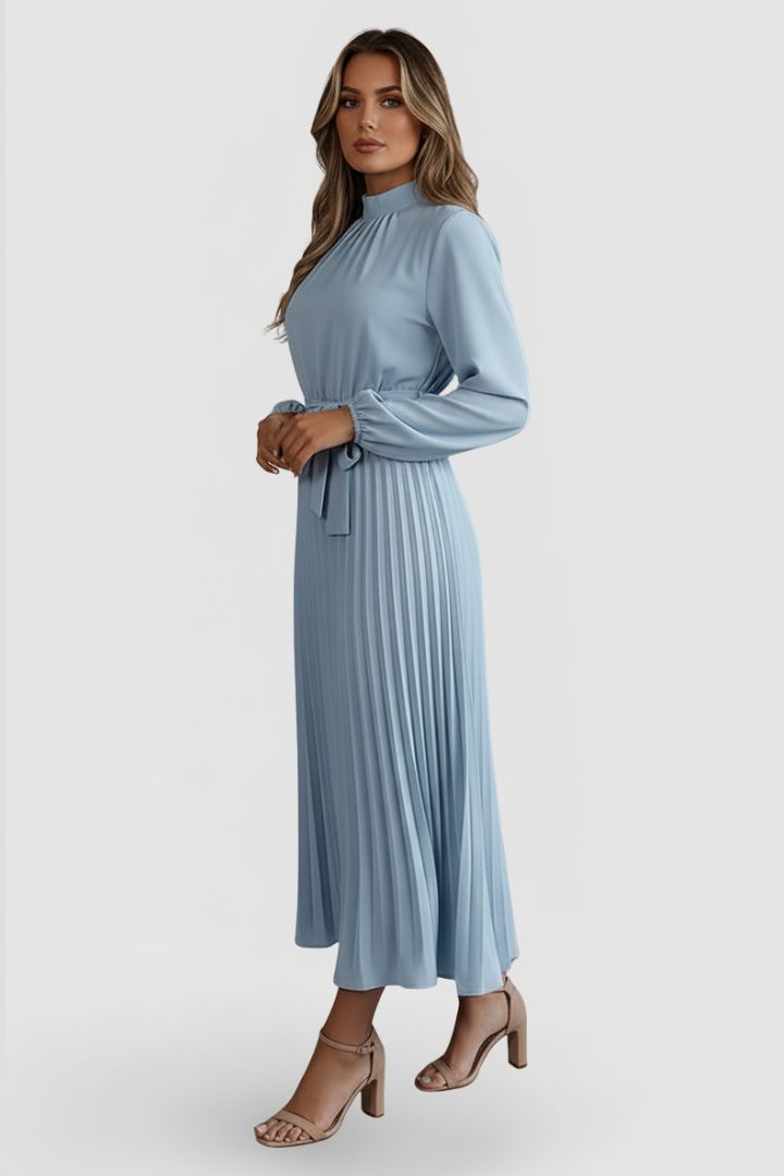 Emilia | Damen Plissee Midikleid Langarm - Light Blue - Image 5