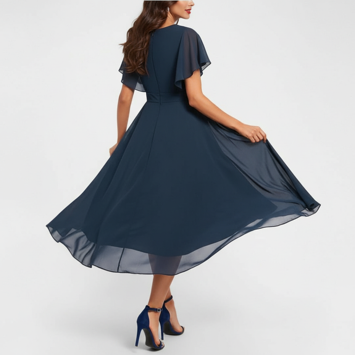 Emmeline | Damen V-Ausschnitt Midi Kleid - Navy - Image 2