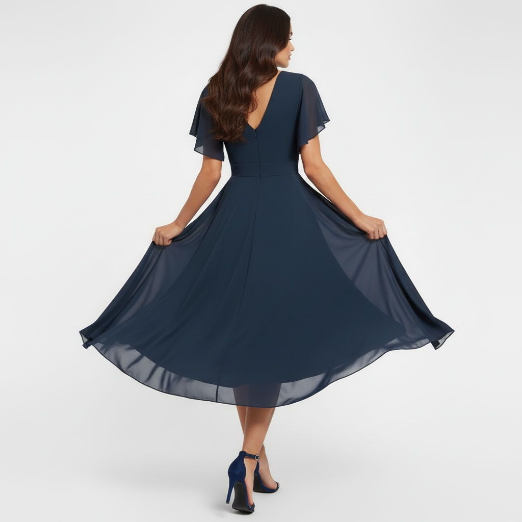 Emmeline | Damen V-Ausschnitt Midi Kleid - Navy - Image 3