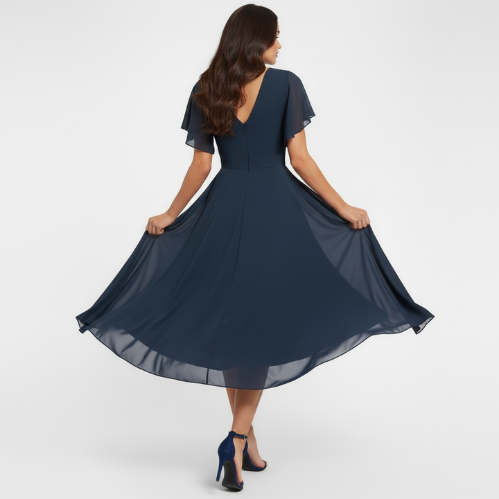 Emmeline | Damen V-Ausschnitt Midi Kleid - Navy - Image 3