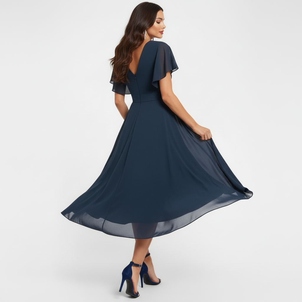 Emmeline | Damen V-Ausschnitt Midi Kleid - Navy - Image 4