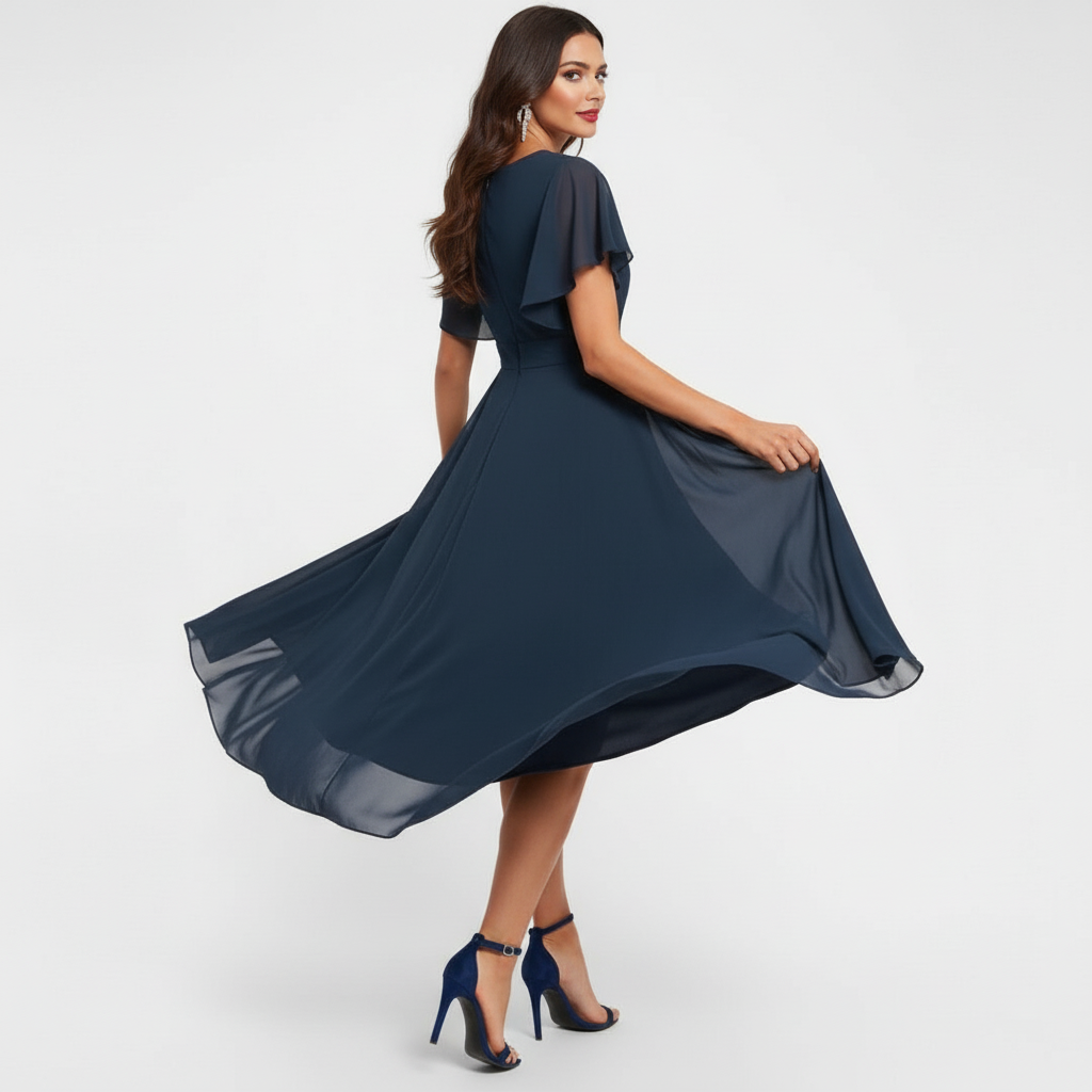 Emmeline | Damen V-Ausschnitt Midi Kleid - Navy - Image 5
