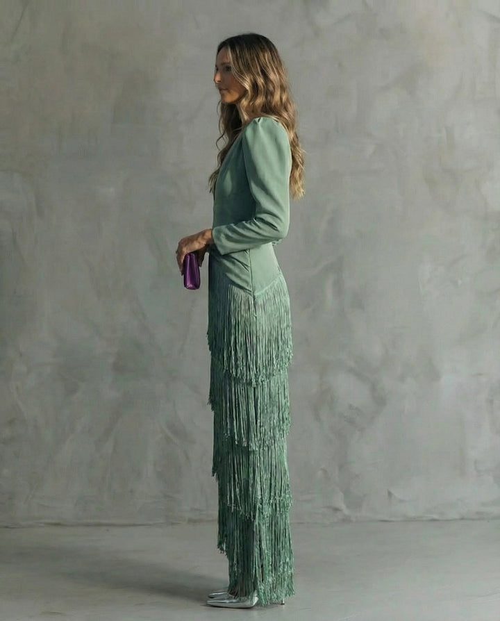 Esmeralda | Damen V-Ausschnitt Fransen Midikleid - Green - Image 6