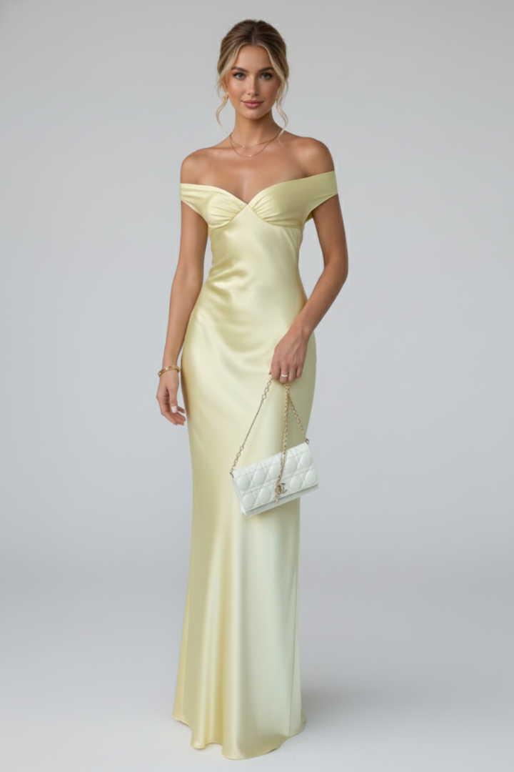 Estelle | Damen Off-Shoulder Maxikleid in Champagner - Champagne - Image 2