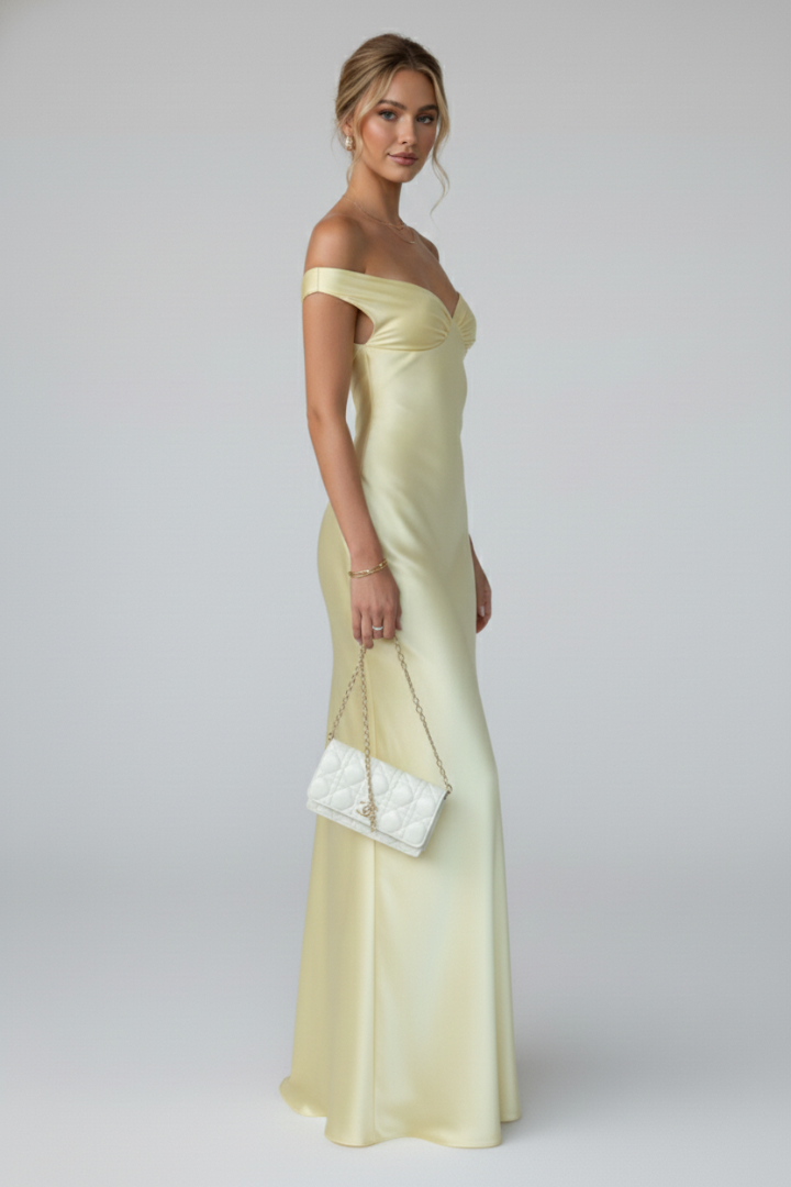 Estelle | Damen Off-Shoulder Maxikleid in Champagner - Champagne - Image 3