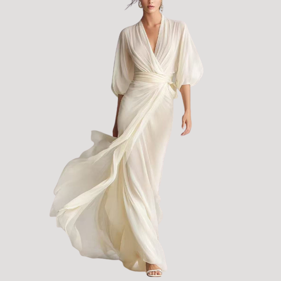 Estelle | Damen Wickel Maxikleid mit 3/4 Ärmeln - Champagne - Image 1