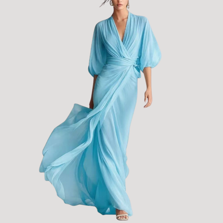 Estelle | Damen Wickel Maxikleid mit 3/4 Ärmeln - Champagne - Image 2
