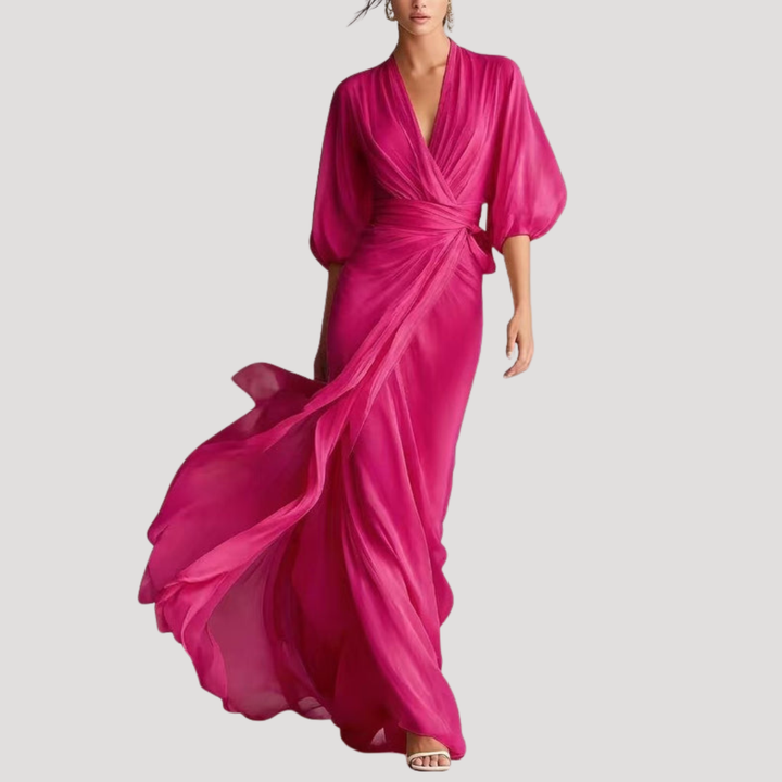 Estelle | Damen Wickel Maxikleid mit 3/4 Ärmeln - Champagne - Image 3