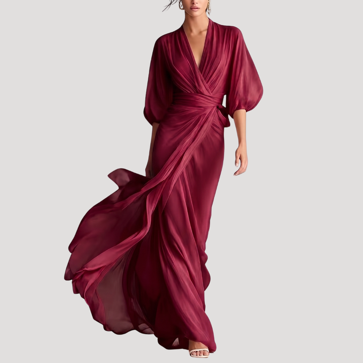 Estelle | Damen Wickel Maxikleid mit 3/4 Ärmeln - Champagne - Image 4