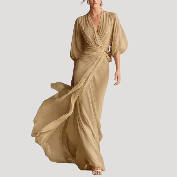 Estelle | Damen Wickel Maxikleid mit 3/4 Ärmeln - Champagne - Image 5