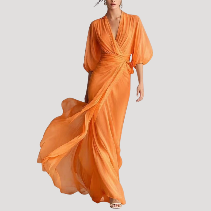 Estelle | Damen Wickel Maxikleid mit 3/4 Ärmeln - Champagne - Image 6