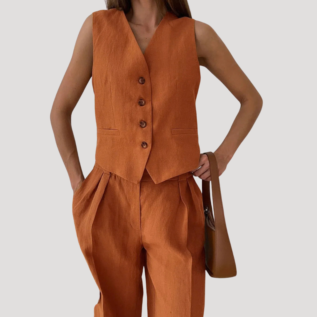 Evadne | Damen Ärmellose Weste Weit Hose Set - Orange - Image 1