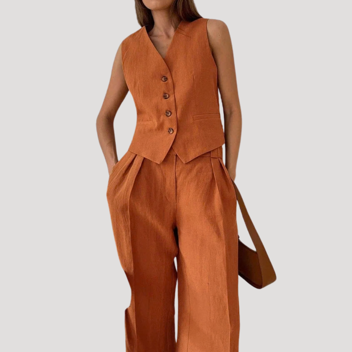Evadne | Damen Ärmellose Weste Weit Hose Set - Orange - Image 2