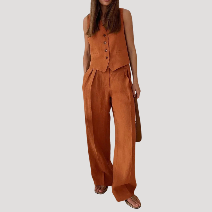 Evadne | Damen Ärmellose Weste Weit Hose Set - Orange - Image 3