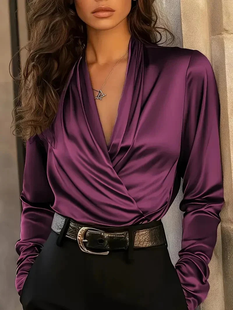 Evangeline | Damen Wickelbluse Langarm V-Ausschnitt - Brown - Image 3