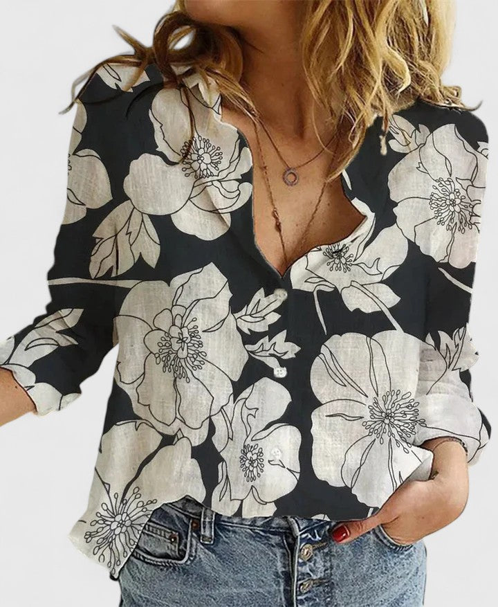 Evelina | Damen Blumendruck V-Ausschnitt Langarm Bluse - Floral - Image 1