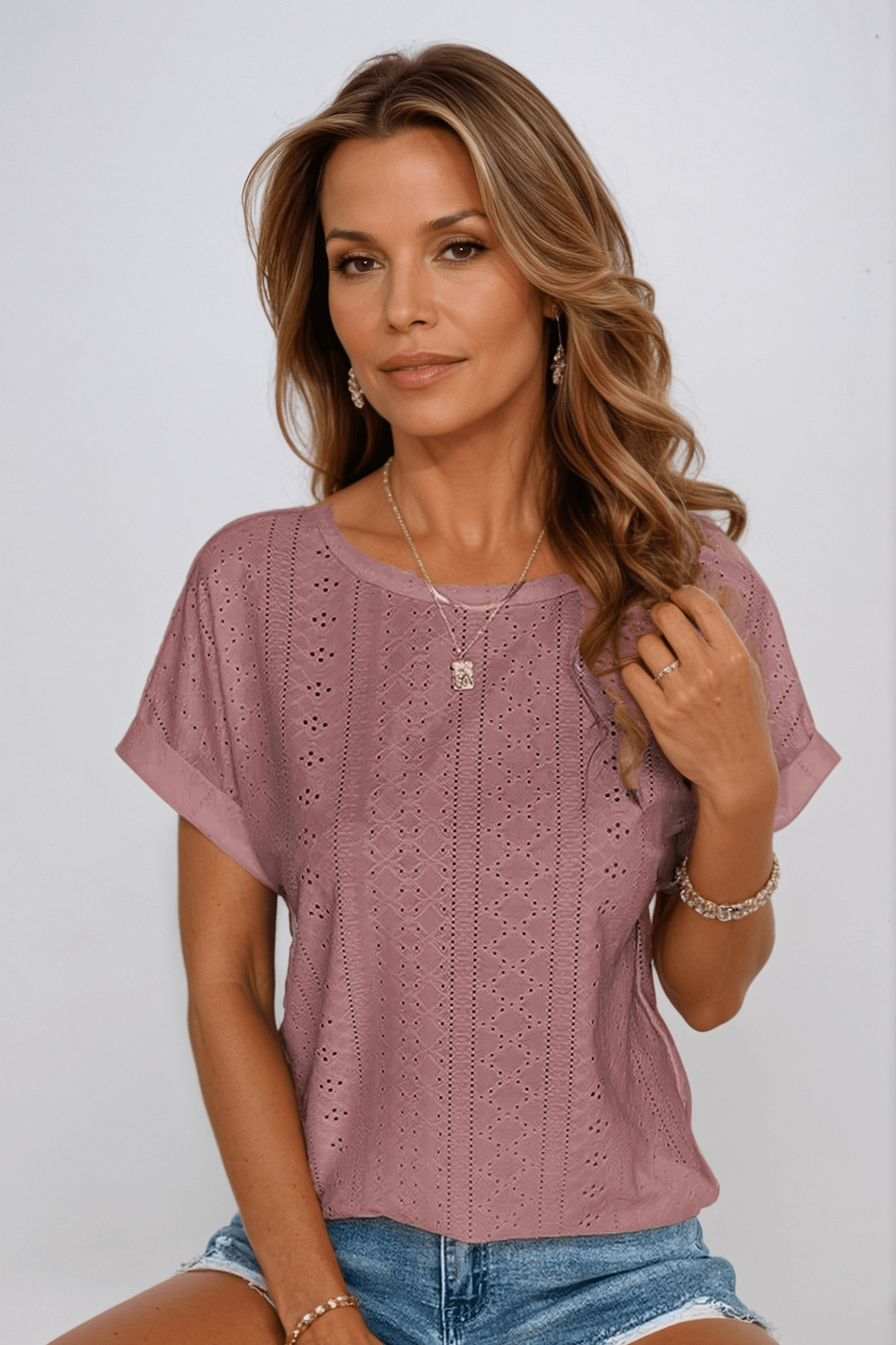 Eya | Damen Lochstickerei Top Kurzarm Rundhals Sommer