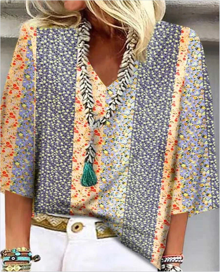 Bonnie | Damen Bluse 3/4 Arm V-Ausschnitt Patchwork Blumenprint