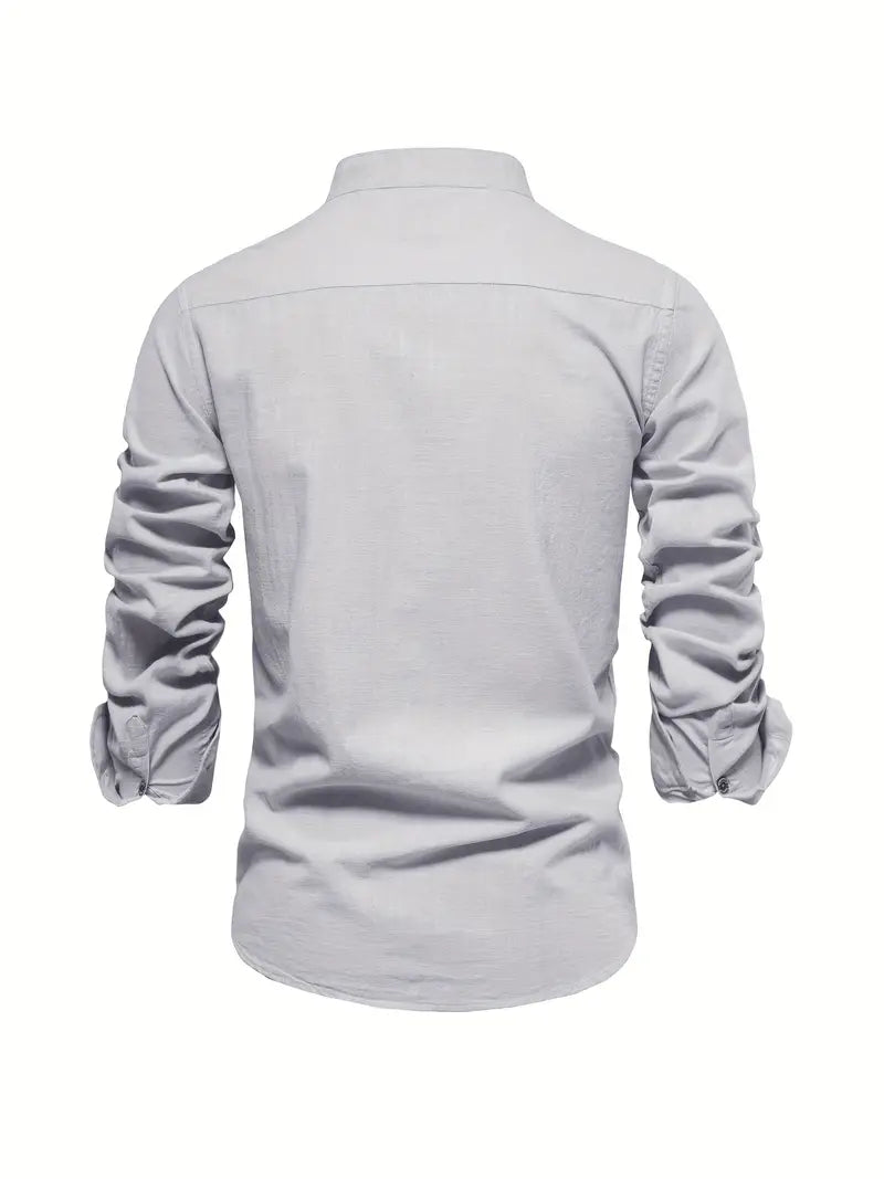 Fello | Herren Stehkragen Hemd Langarm Slim Fit Freizeithemd