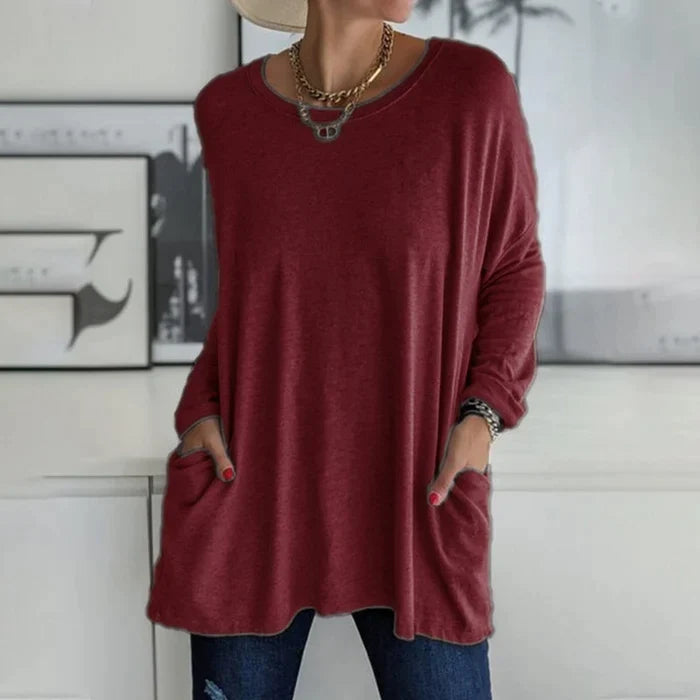 Noja | Damen Longshirt Übergroß Rundhals Seitentaschen Herbst