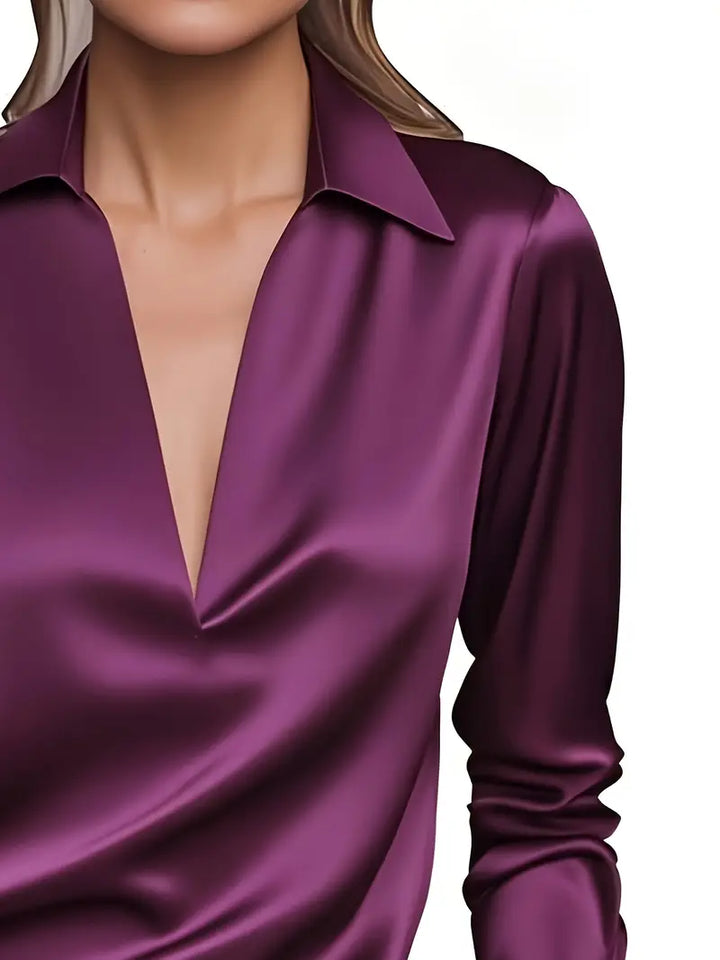 Stella | Damen Satin Bluse Langarm V-Ausschnitt Elegant