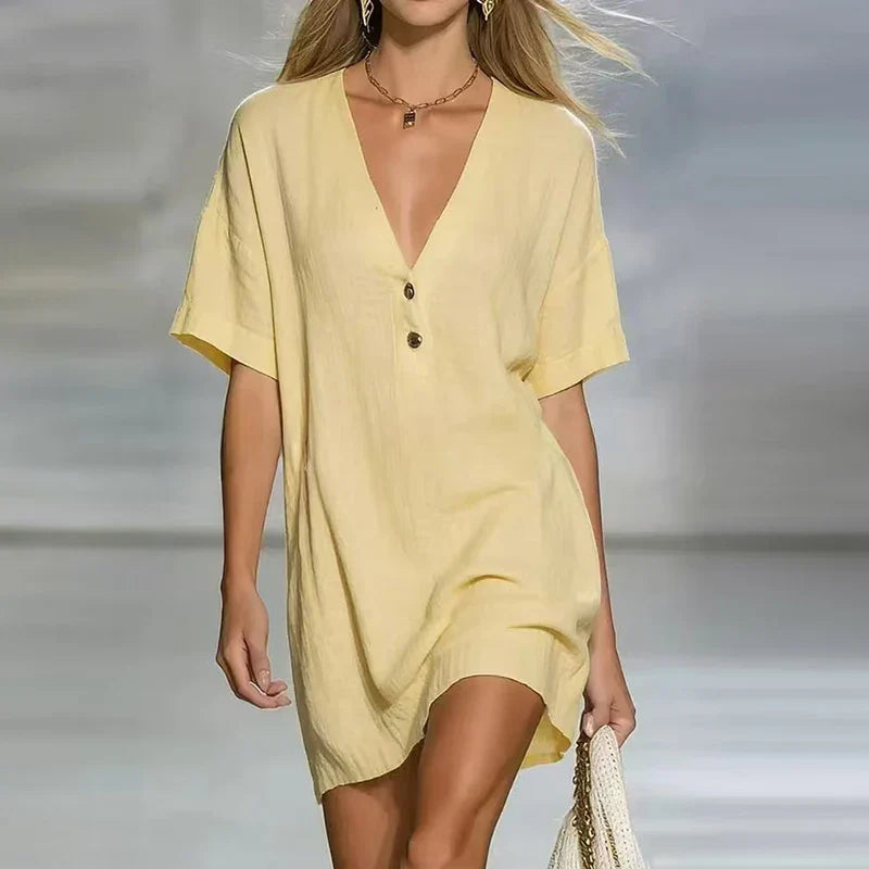 Fabiana | Damen V-Ausschnitt Kurzarm Minikleid - Yellow - Image 1