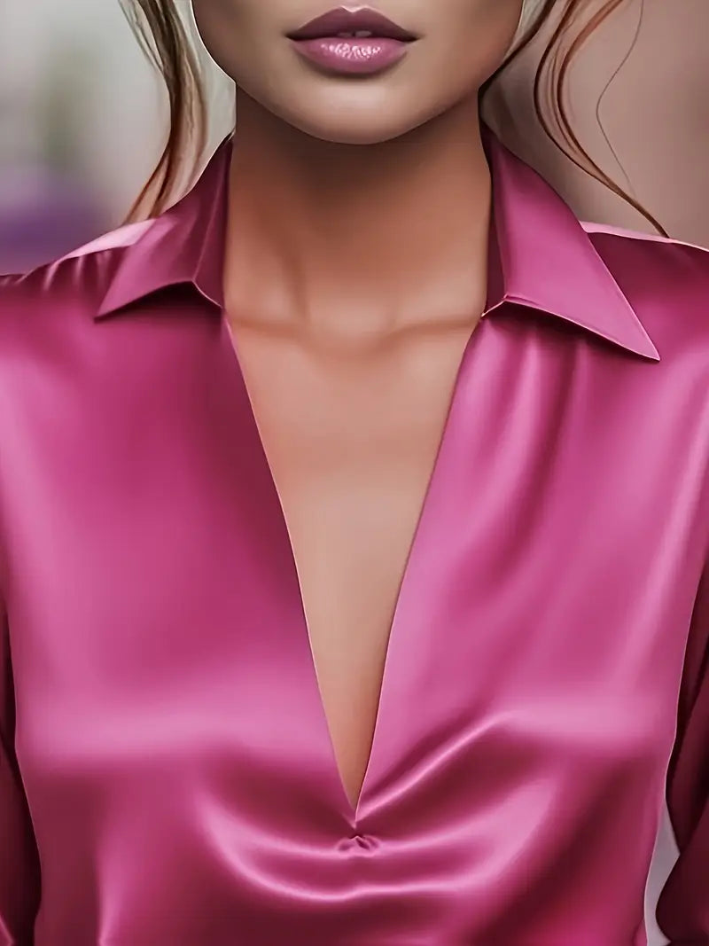 Stella | Damen Satin Bluse Langarm V-Ausschnitt Elegant