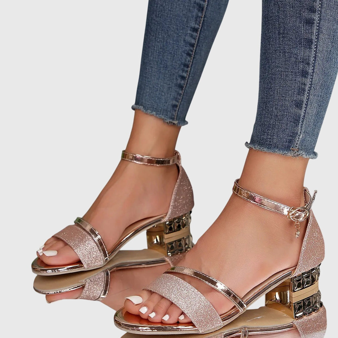 Rosana | Damen Sandaletten Blockabsatz Knöchelriemen Glitzer Festliche Schuhe