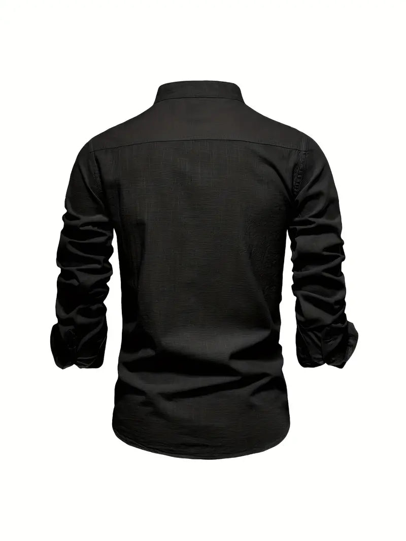 Fello | Herren Stehkragen Hemd Langarm Slim Fit Freizeithemd