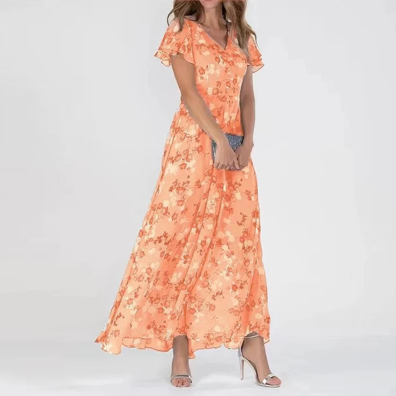 Sofia | Damen Maxikleid Blumenmuster Kurzarm V-Ausschnitt Sommerkleid