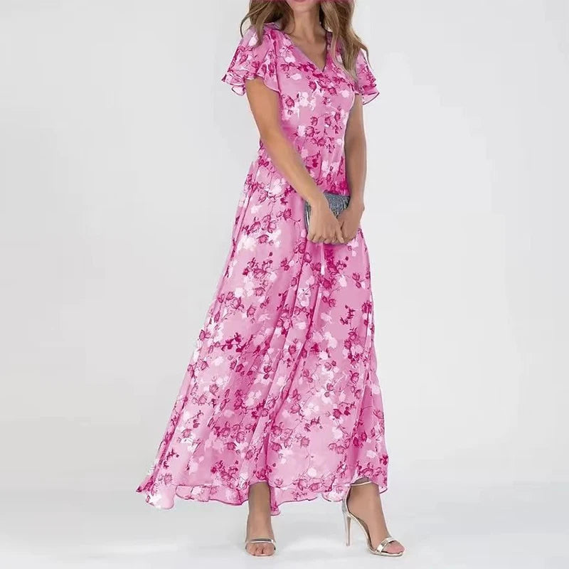 Sofia | Damen Maxikleid Blumenmuster Kurzarm V-Ausschnitt Sommerkleid