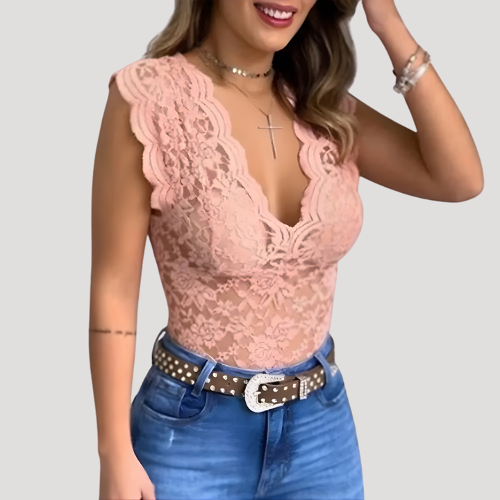 Felicia | Damen V-Ausschnitt Ärmellos Spitzentop - Pink - Image 1