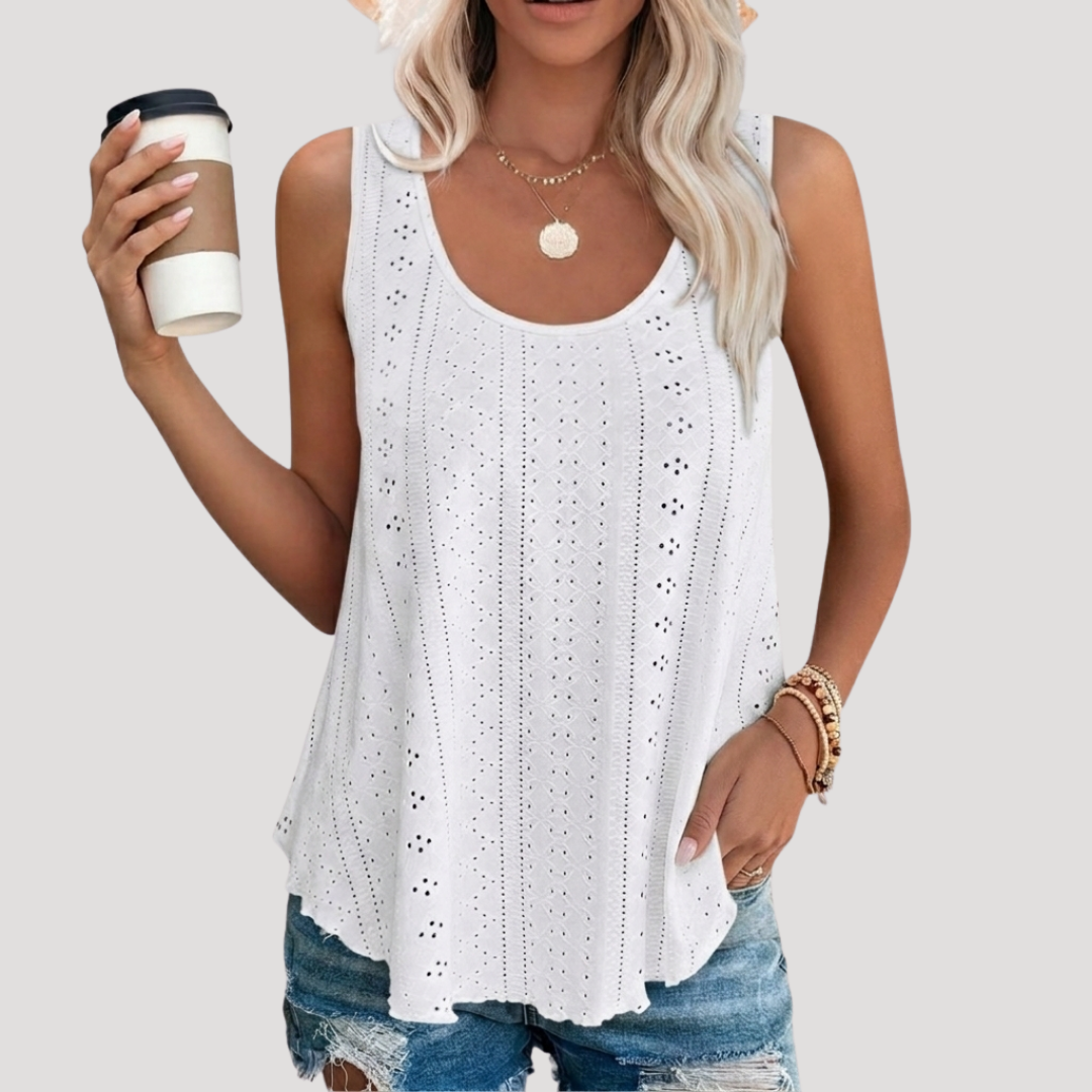 Fenna | Damen Ärmelloses Top mit Lochstickerei - White - Image 1