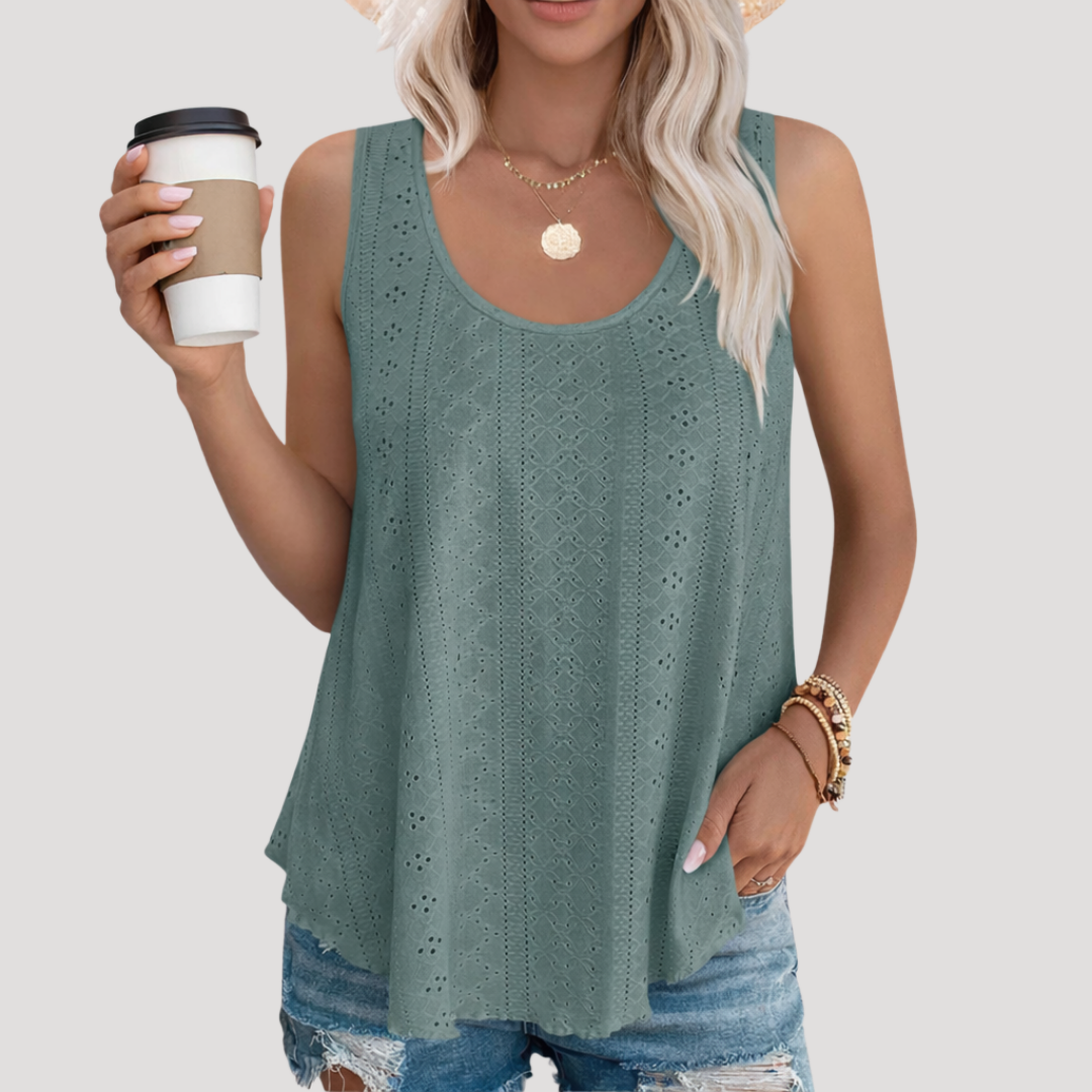 Fenna | Damen Ärmelloses Top mit Lochstickerei - White - Image 3