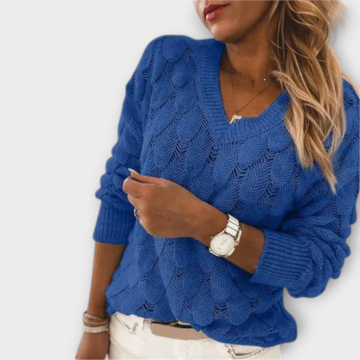 Fernike | Damen Strickpullover Wellenmuster V-Ausschnitt - Light Grey - Image 2