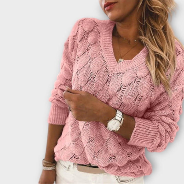 Fernike | Damen Strickpullover Wellenmuster V-Ausschnitt - Light Grey - Image 4