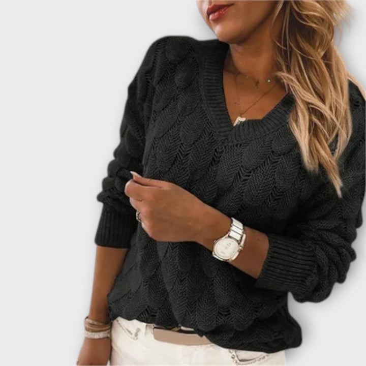 Fernike | Damen Strickpullover Wellenmuster V-Ausschnitt - Light Grey - Image 5