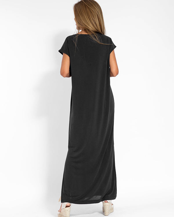 Maya | Damen Langes Freizeitkleid V-Ausschnitt Kurzarm Loose Fit