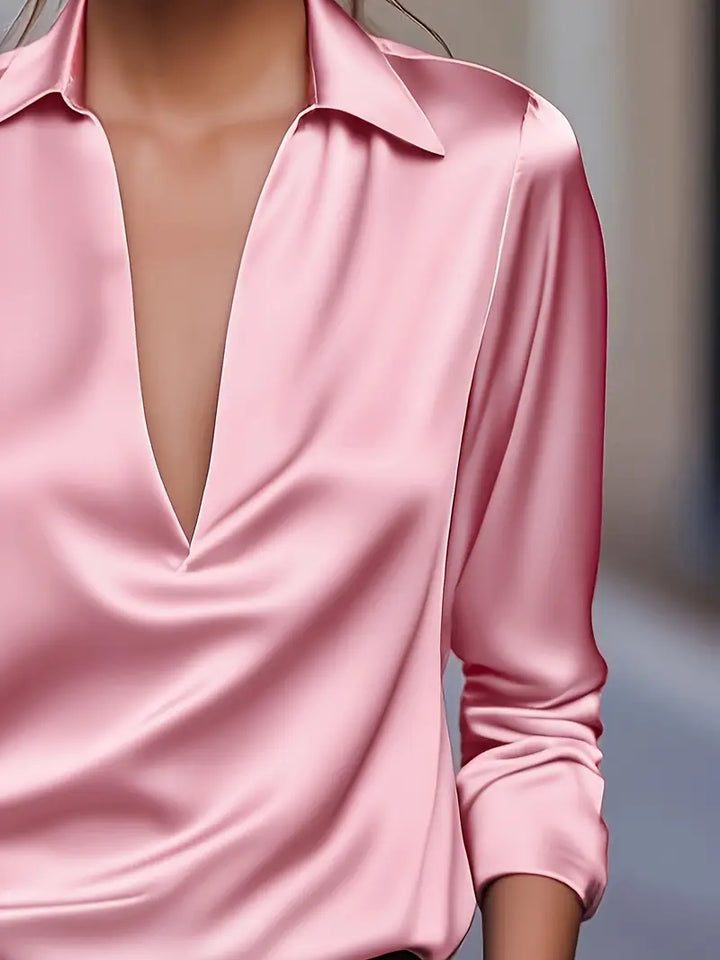 Stella | Damen Satin Bluse Langarm V-Ausschnitt Elegant