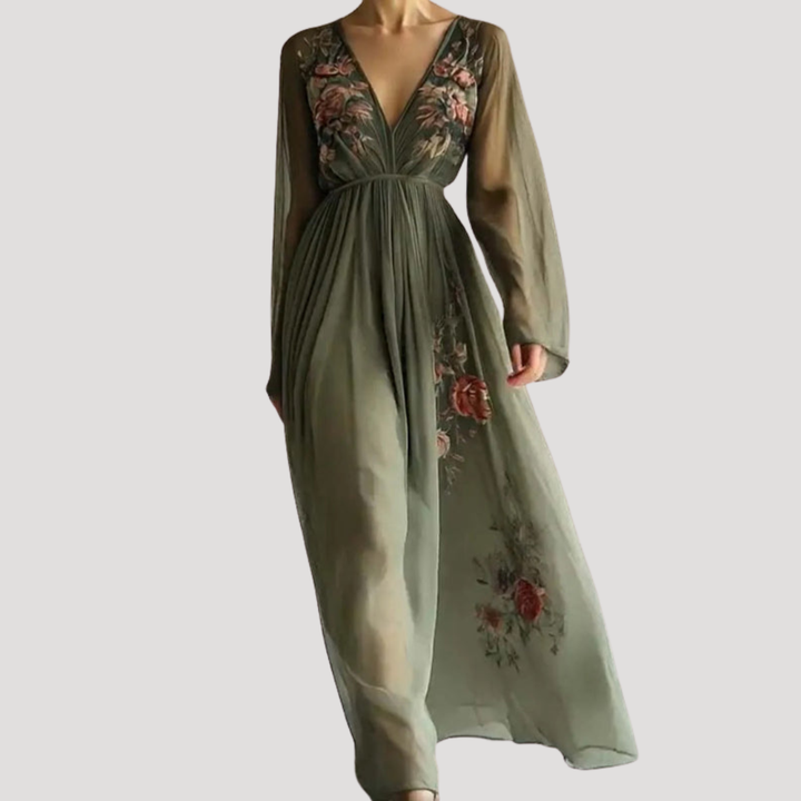 Fiona | Damen V-Ausschnitt Blumen Maxikleid mit Empire-Taille - Green - Image 1
