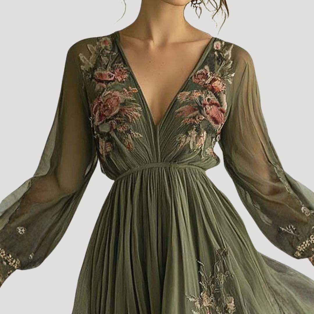 Fiona | Damen V-Ausschnitt Blumen Maxikleid mit Empire-Taille - Green - Image 2