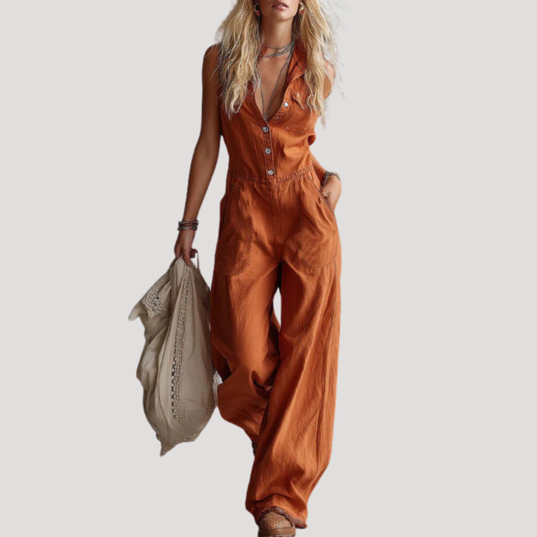 Fiora | Damen Jumpsuit Weites Bein Ärmellos V-Ausschnitt - Orange - Image 1