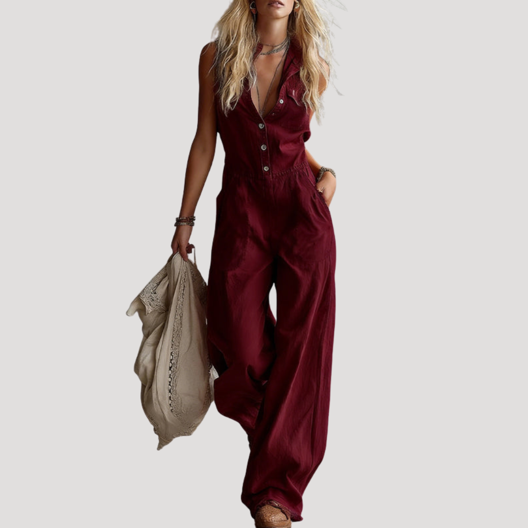 Fiora | Damen Jumpsuit Weites Bein Ärmellos V-Ausschnitt - Orange - Image 4
