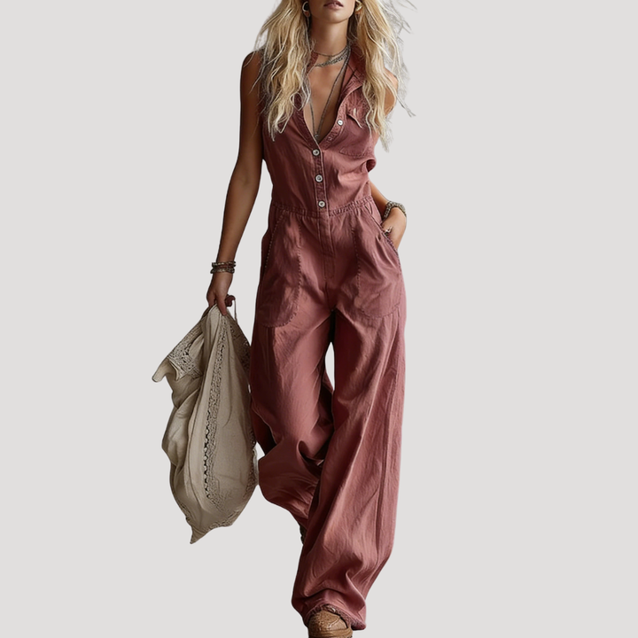 Fiora | Damen Jumpsuit Weites Bein Ärmellos V-Ausschnitt - Orange - Image 6